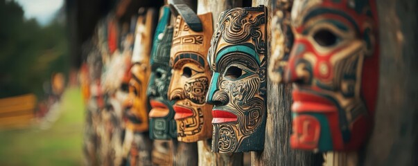 Obraz premium Colorful Artistic Masks Displayed on a Wooden Wall Outdoors