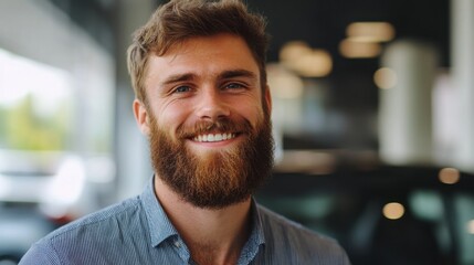 Smiling salesperson at car dealership showcasing customer-focused service