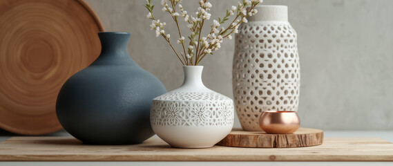 three intricately carved ceramic vases arranged on a rustic wooden surface