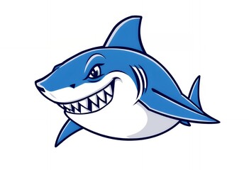 Obraz premium Cartoon Shark with Sharp Teeth Smiling Blue and White Illustration
