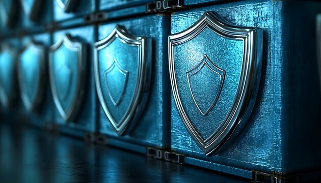 Blue digital shields in server rack