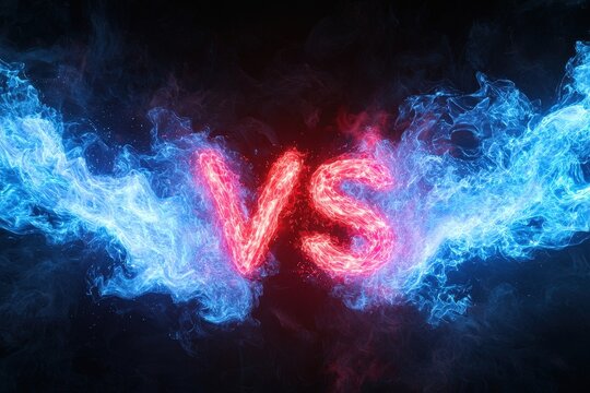 Glowing Red and Blue Versus Text on Dark Background with Fiery Smoke and Light Effects
