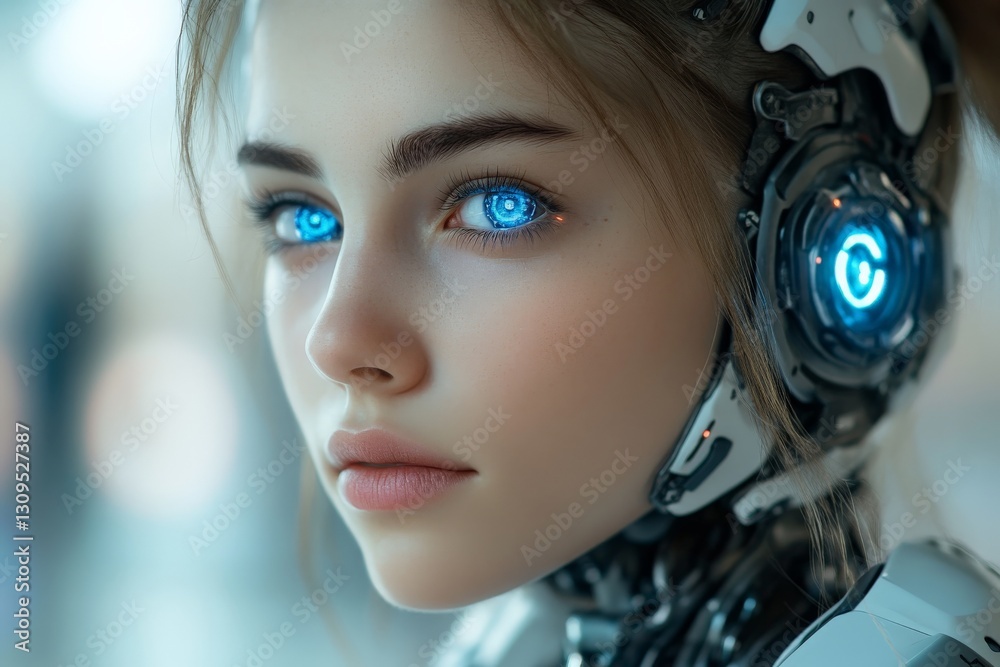 Poster Futuristic robotic girl with glowing blue eyes showcasing advanced technology and design in a modern setting