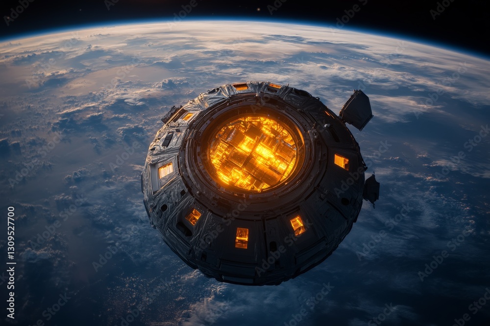 Aufkleber spacecraft hovering above earth with illuminated panels showcasing advanced technology in low orbit