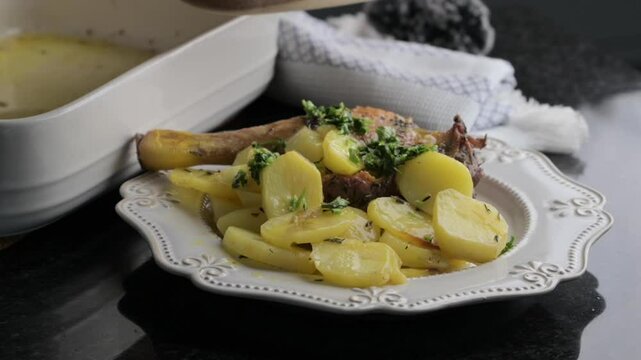 Elegant roasted duck leg served with golden potatoes and fresh herbs on a rustic plate. Perfect for showcasing gourmet dining, cozy home cooking, or culinary artistry. Ideal for food blogs, recipe vid