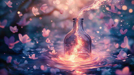 Pastel-colored glass bottle filled with sparkling liquid pours into a serene watery surface amidst blooming flowers in a mystical setting