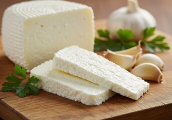 Creamy white cheese slices arranged beautifully on wood. AI Generated