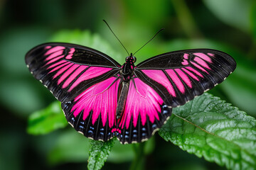 Naklejka premium Vibrant Pink Butterfly on Green Leaf