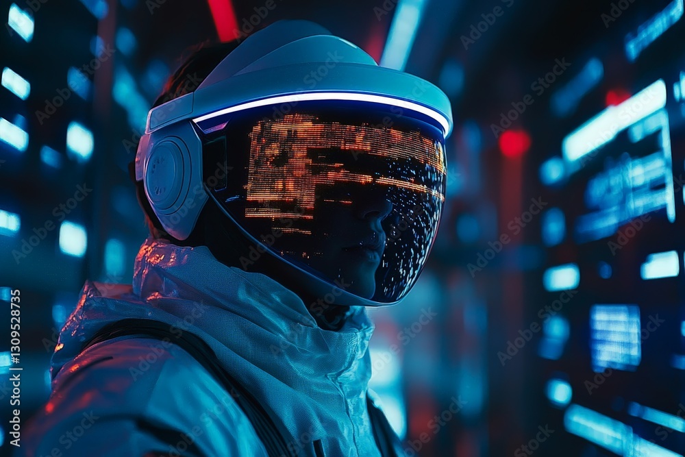 Poster Futuristic astronaut in illuminated helmet navigating a high-tech environment with digital displays at night