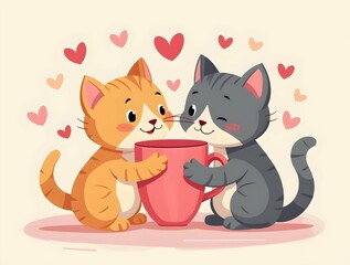 Two adorable cartoon cats share a cup of tea, surrounded by hearts, creating a sweet and heartwarming illustration of friendship and love