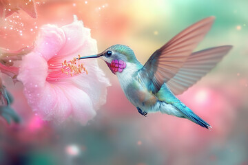 Naklejka premium Iridescent hummingbird hovers gracefully near a delicate flower in a vibrant natural setting