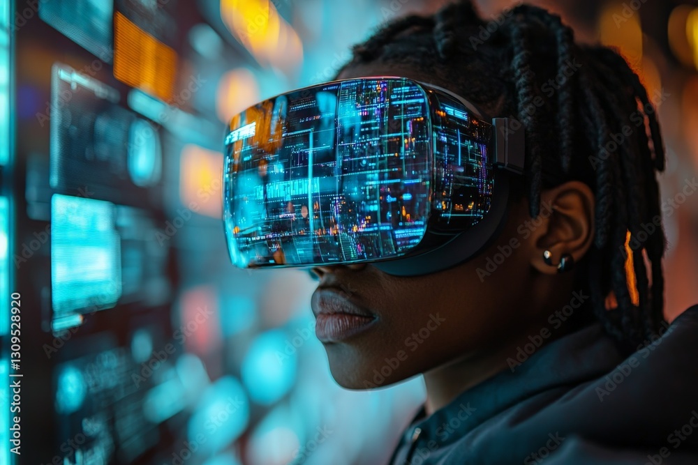 Poster immersive virtual reality experience in a high-tech environment during nighttime exploration