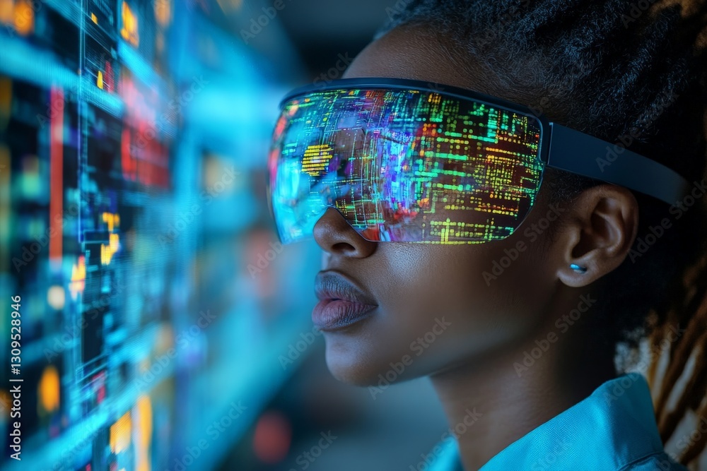 Poster Woman wearing futuristic glasses engages with digital display of data and graphics in a modern technology environment