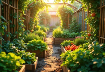 vibrant urban garden displaying sustainable cultivation techniques lush vegetation eco friendly practices, vegetables, flowers, plants, greenery, pots