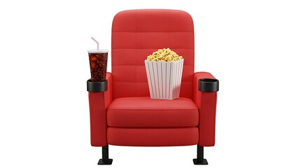 Fototapeta premium One red cinema chair with fizzy drink and box of popcorn over white background. Concept of entertainment. 3d rendering