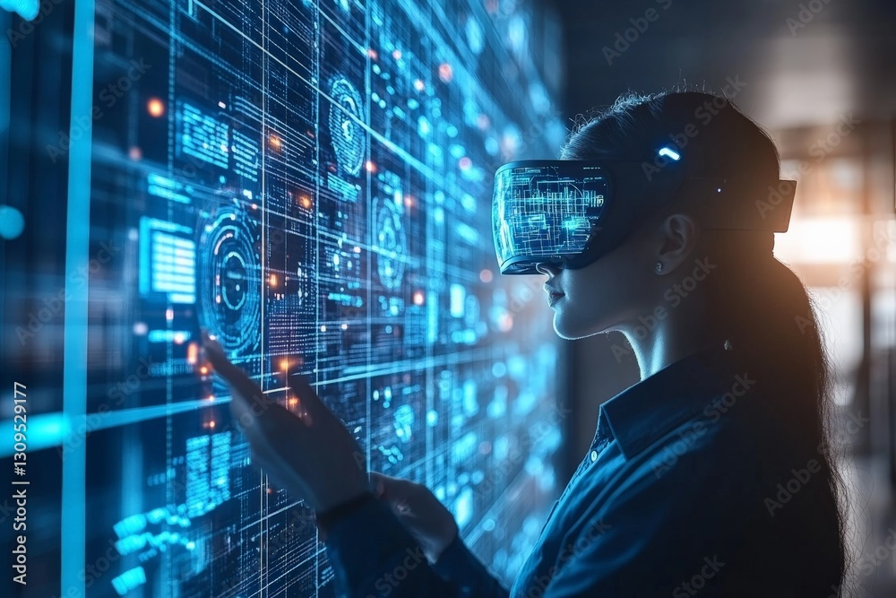 Aufkleber engaging with virtual reality technology in a futuristic workspace during daylight hours