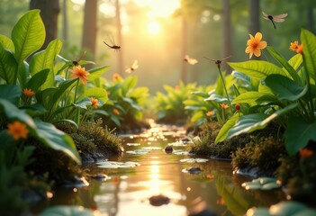 lush green vegetation thriving revamped wetland ecosystems abundant fauna flora, aquatic, biodiversity, blooms, ecology, environment, flowers, garden