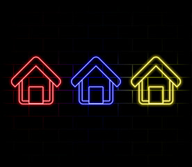 Abstract purple neon home icon seamless loop black background illustration.