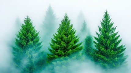 Three lush green pine trees emerge from a thick fog, creating a serene and mysterious atmosphere. The soft, diffused light enhances the ethereal mood.