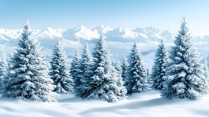 Fototapeta premium Snow covered pine trees stand before snow capped mountain ranges