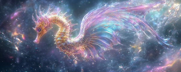 Aurora-winged seahorse floats majestically through a starry cosmic landscape in vibrant hues of blue and pink during a celestial event
