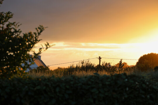 Sunset on a meadow with a cute little cottage in Brittany, countryside