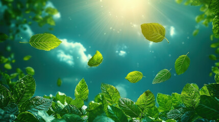 Fototapeta premium Falling leaves dancing in sunlight forest floor nature photography bright environment upward view serenity