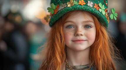 Young girl wearing a green hat with shamrocks, celebrating St. Patrick's Day with a joyful expression. AI Generated Images