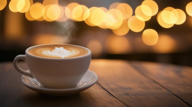 Steaming latte on a wooden table, soft bokeh background, cozy cafe ambiance. Warmth and comfort in every sip
