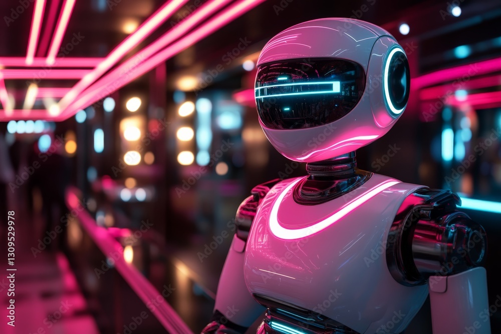 Aufkleber advanced humanoid robot with neon lighting in a futuristic interior setting