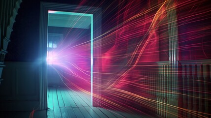 Exploring a dimly lit house with an action camera in analog horror style revealing eerie light trails