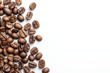 Naklejka premium Diagonal Arrangement of Coffee Beans on Clean White Surface for Culinary and Beverage Themes