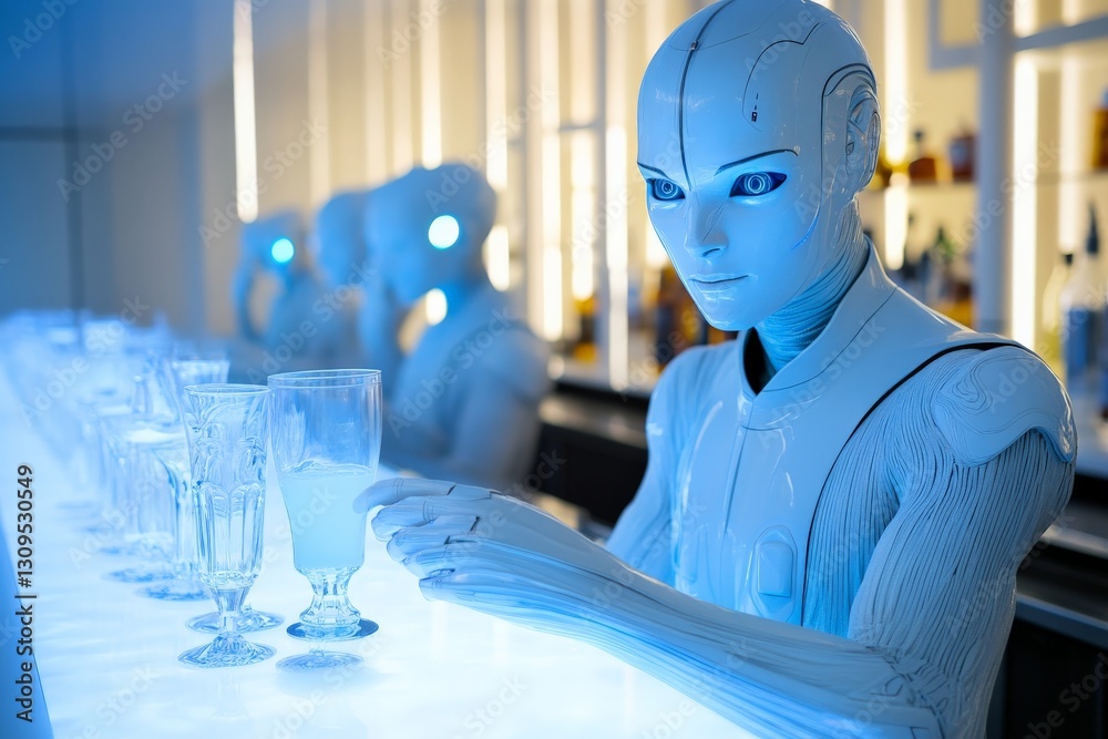 Aufkleber robots prepare drinks at a futuristic bar showcasing advanced technology and design