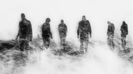 Ghostly figures walking through a misty landscape evoke feelings of mystery and the unknown