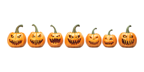 Set of Realistic Pumpkin Monsters in Different Styles Arranged in One Line PNG Against Transparent Background for Halloween Designs, Spooky Illustrations, or Fantasy Artwork