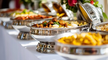 Delicious Buffet Food Catering Event Shiny Silver Chafing Dishes Warm Dishes Restaurant Food Presentation Culinary Art Gastronomy High Quality Food   