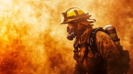 Firefighter braves smoke-filled scene, determined search in dramatic light, blurred haze behind. Courage in the face of danger.