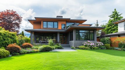Modern house with clean lines, surrounded by lush greenery and soft natural light, embodying simplicity and harmony.