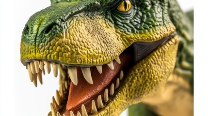 Closeup of a T-Rex figurine with sharp teeth and textured skin, isolated on white, showcasing primal power and intricate detail.