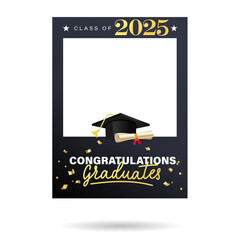 Class of 2025 black and gold design template for graduation photo booth props. Congratulations graduates frame for selfie. Realistic Vector illustration for high school or university grad ceremony.