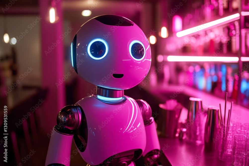 Aufkleber robot bartender serving drinks in an illuminated bar with vibrant neon colors at night