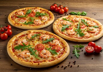 Delicious Shrimp Pizzas Warm Golden Light. AI Generated