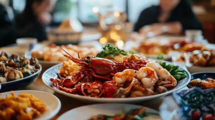 Extended family and friends come together to enjoy a vibrant holiday dinner, filled with an array of delectable Chinese dishes. Laughter and conversation fill the air as they savor each bite