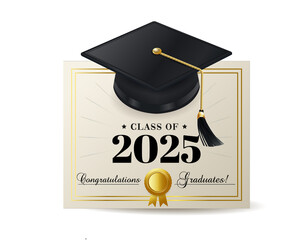 Graduation cap and diploma certificate design for class of 2025 with celebratory elements and elegant color scheme. Class of 2025 vector illustration design template. Congratulations graduates design.