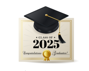 Graduation cap and diploma certificate design for class of 2025 with celebratory elements and elegant color scheme. Class of 2025 vector illustration design template. Congratulations graduates design.