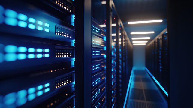 Futuristic supercomputer with glowing blue lights in a high-tech minimalist environment, showcasing advanced technology and innovation with ample copy space for design.