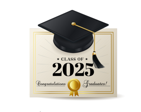 Graduation cap and diploma certificate design for class of 2025 with celebratory elements and elegant color scheme. Class of 2025 vector illustration design template. Congratulations graduates design.