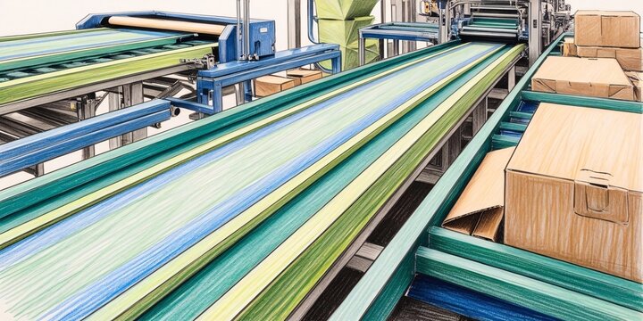 Industrial Conveyor Belt System: A Detailed Colored Pencil Drawing of Cardboard Boxes Moving Along Parallel Conveyors in a Factory Setting.