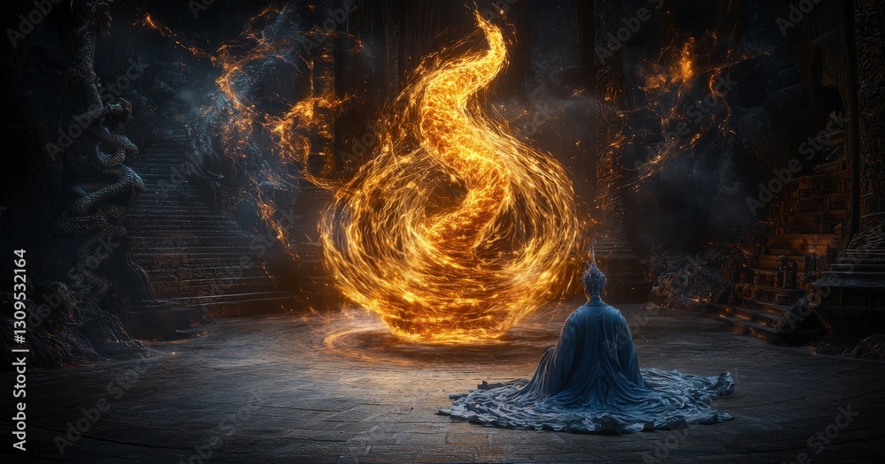 Poster celestial being channels enigma in secluded temple fantasy art mystical environment ethereal viewpoi