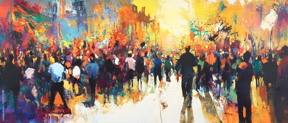 Poster vibrant and bustling cityscape featuring a large crowd of people walking commuting and gathering on 